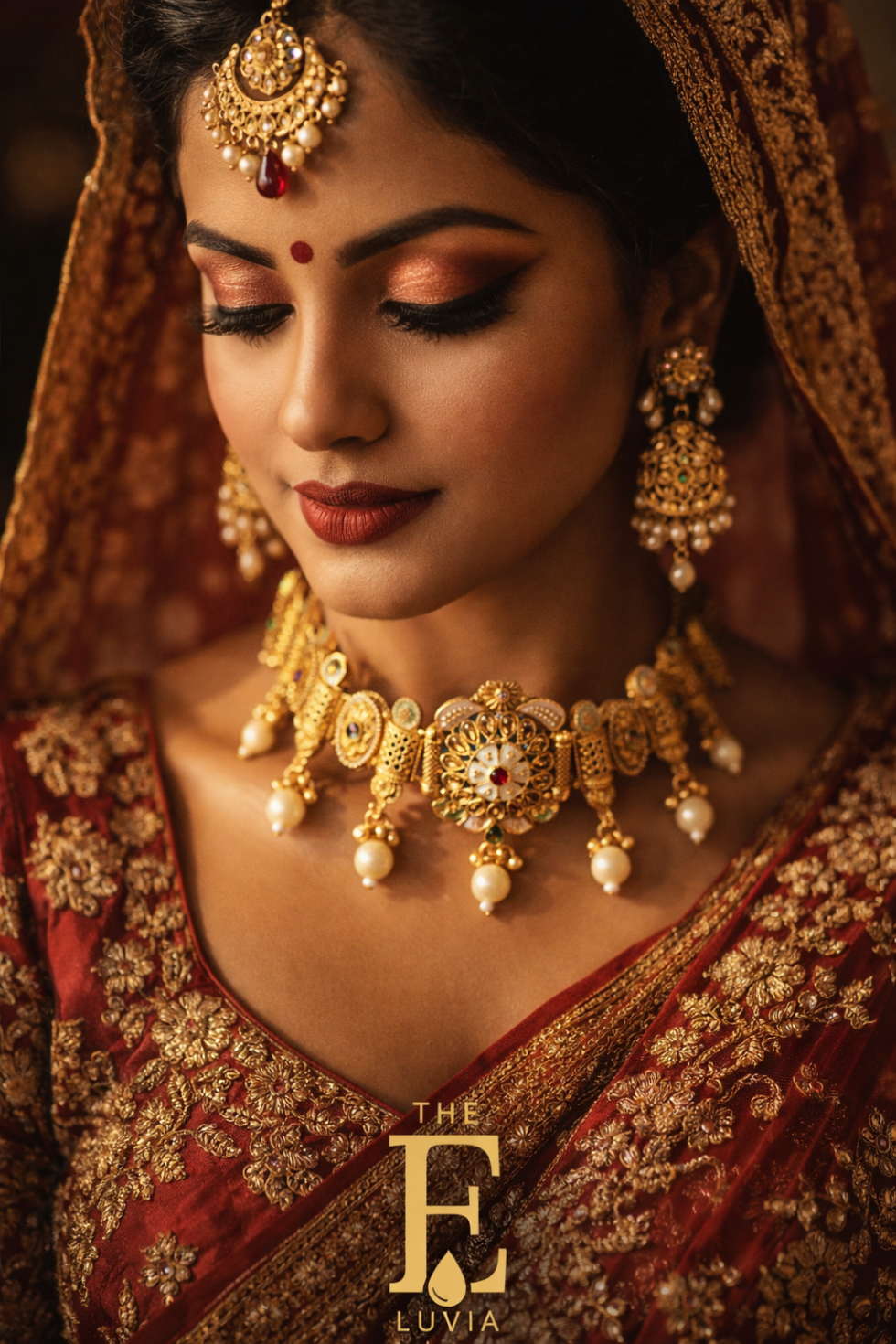 Beautiful Indian bride wearing a heavy gold choker necklace with pearl drops and intricate temple design, close-up portrait, traditional bridal makeup