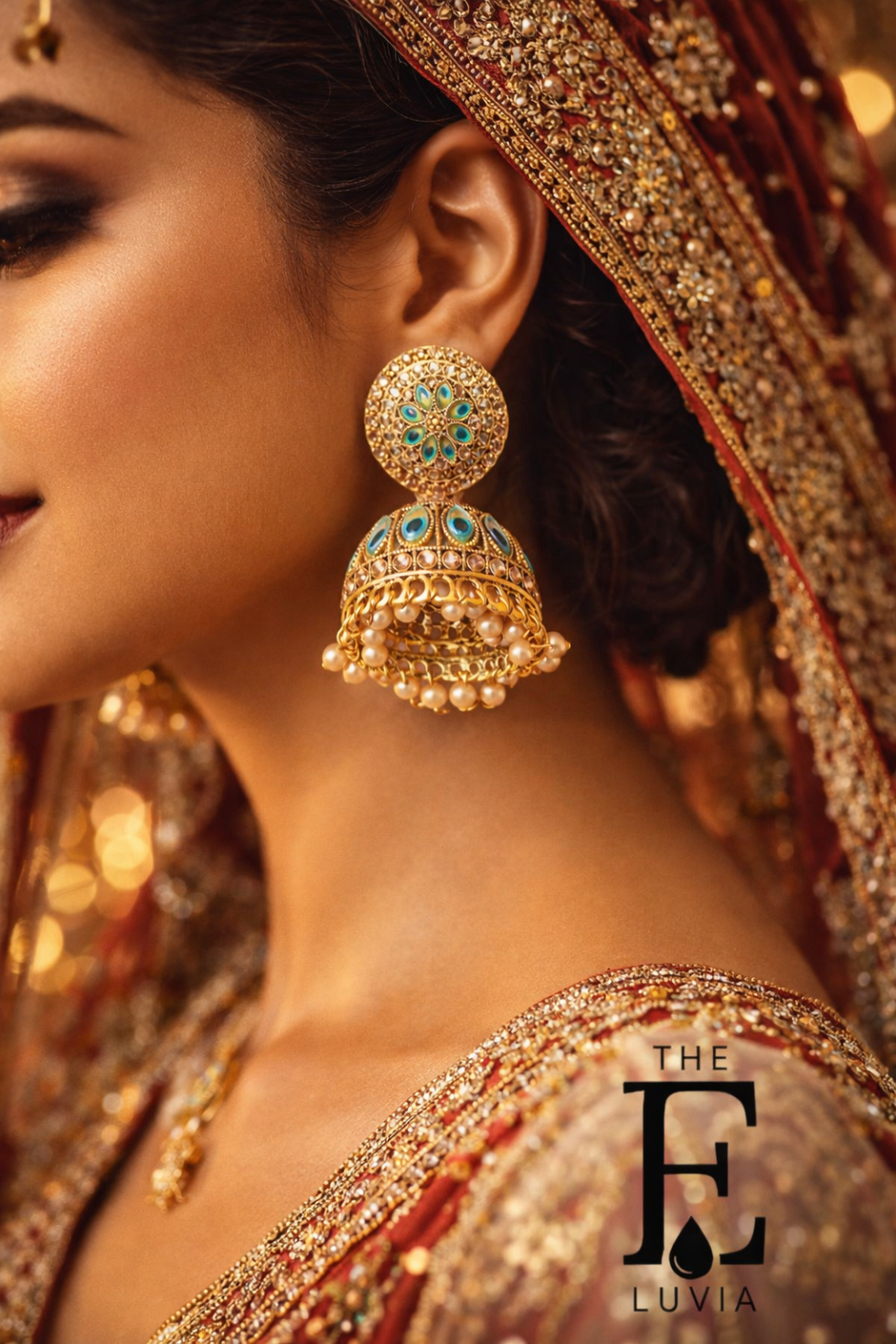 Beautiful Indian woman wearing traditional bridal outfit, close-up of ear showing gold jhumka earrings with blue stones and pearl drops