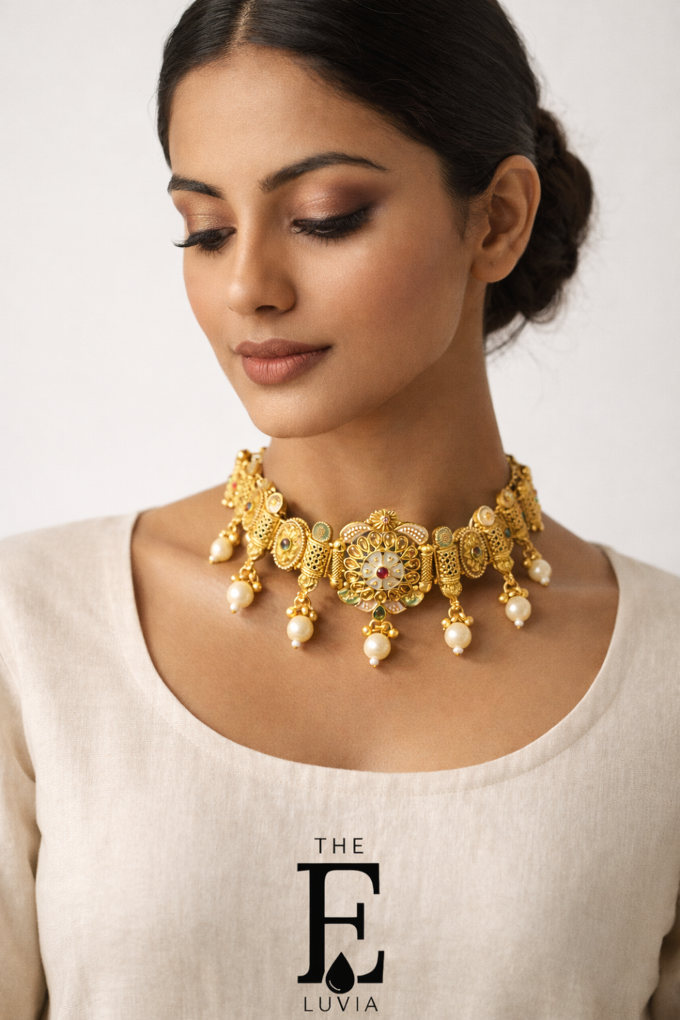 Elegant female model wearing traditional gold choker necklace, minimal makeup, plain neutral outfit, clean studio background, soft lighting