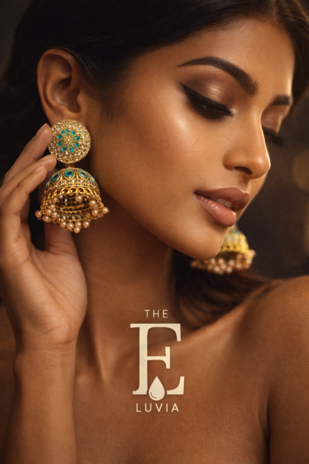 Fashion model gently touching her earrings, gold jhumka with blue stones and pearls shining under soft light, cinematic motion feel