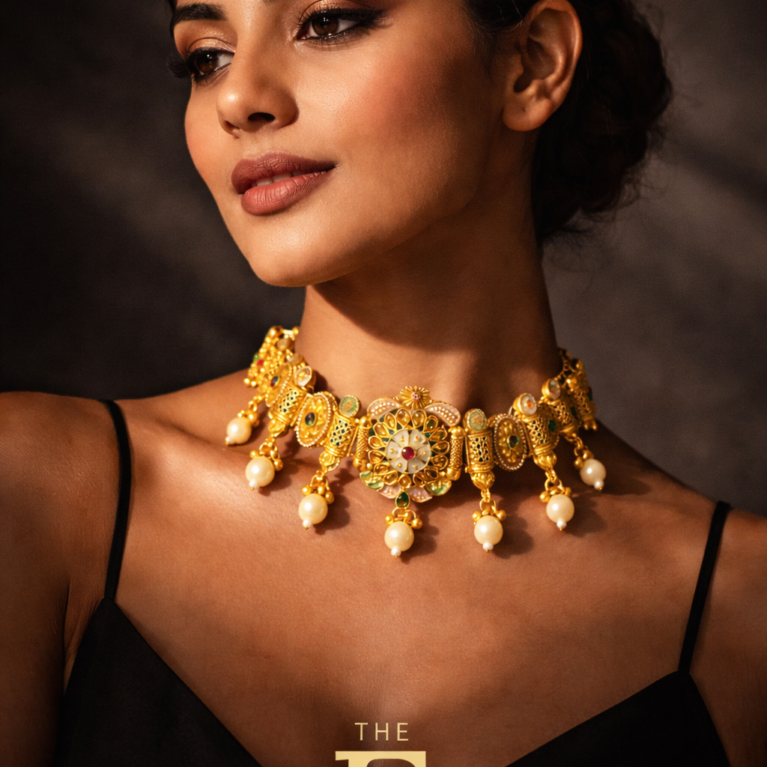 High fashion editorial shot of model wearing ornate gold choker necklace, dramatic lighting, dark background, artistic shadows