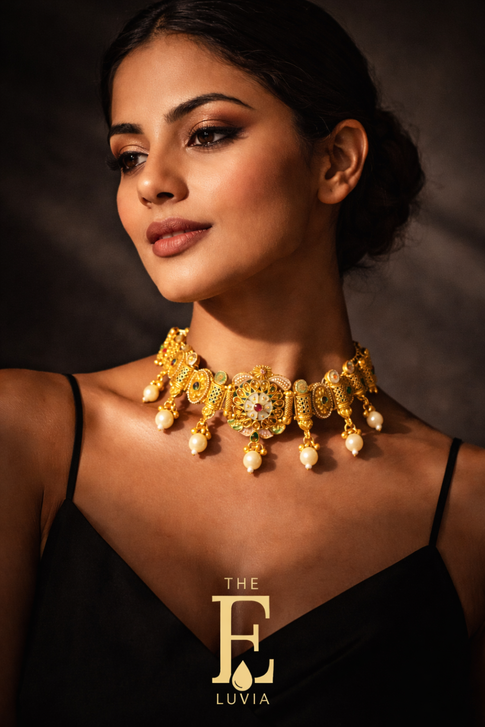 High fashion editorial shot of model wearing ornate gold choker necklace, dramatic lighting, dark background, artistic shadows