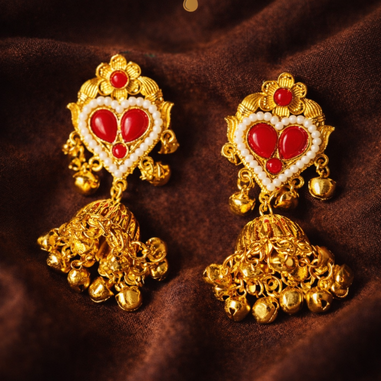 Luxury gold jhumka earrings with red stones and pearl detailing-1