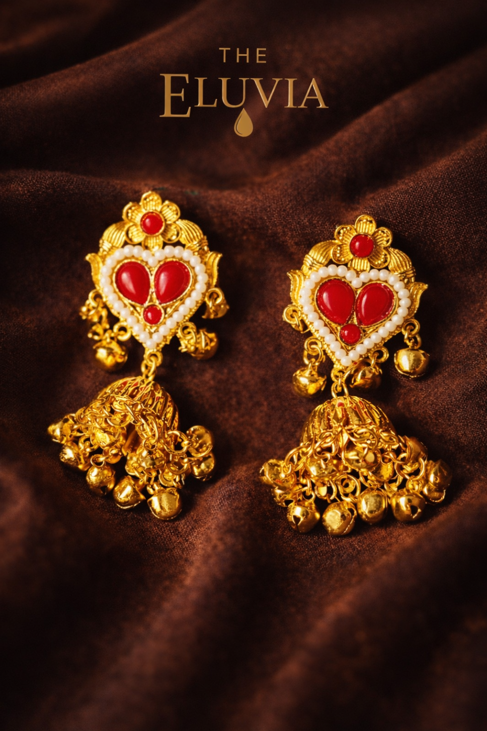Luxury gold jhumka earrings with red stones and pearl detailing-1