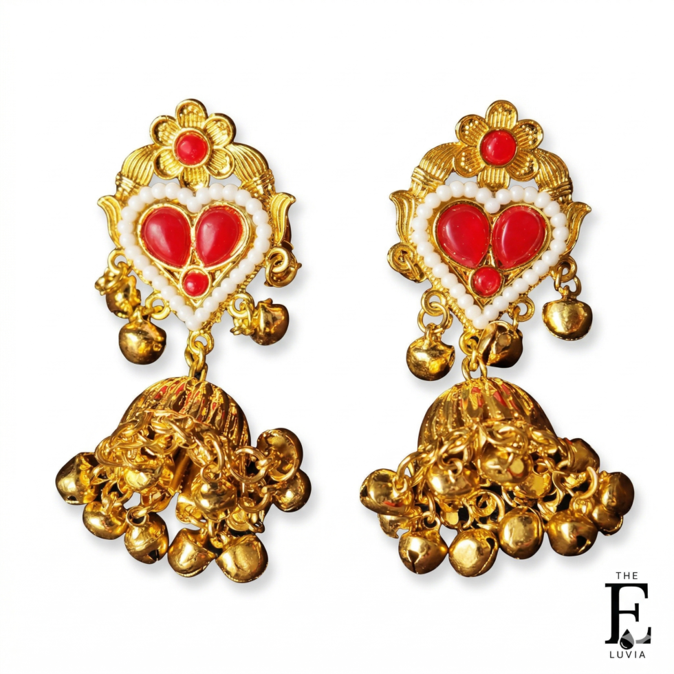 Luxury gold jhumka earrings with red stones and pearl detailing