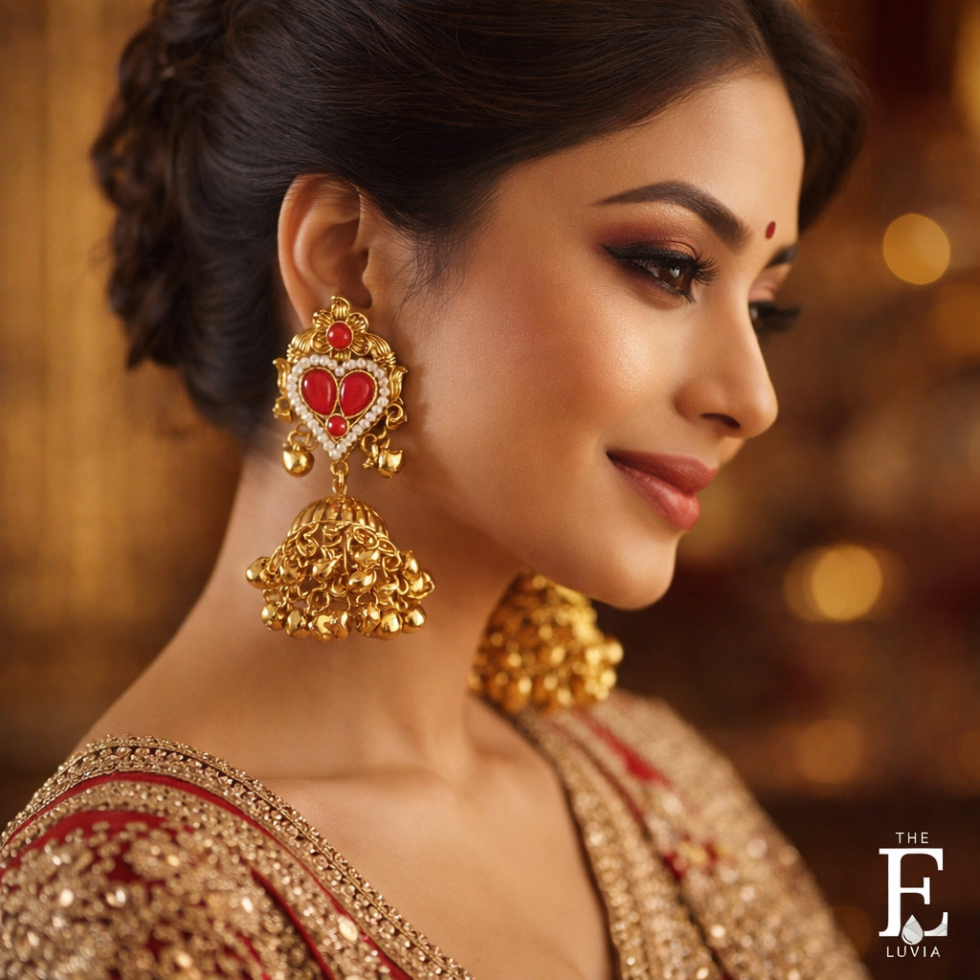 Luxury gold jhumka earrings with red stones and pearl detailing-model