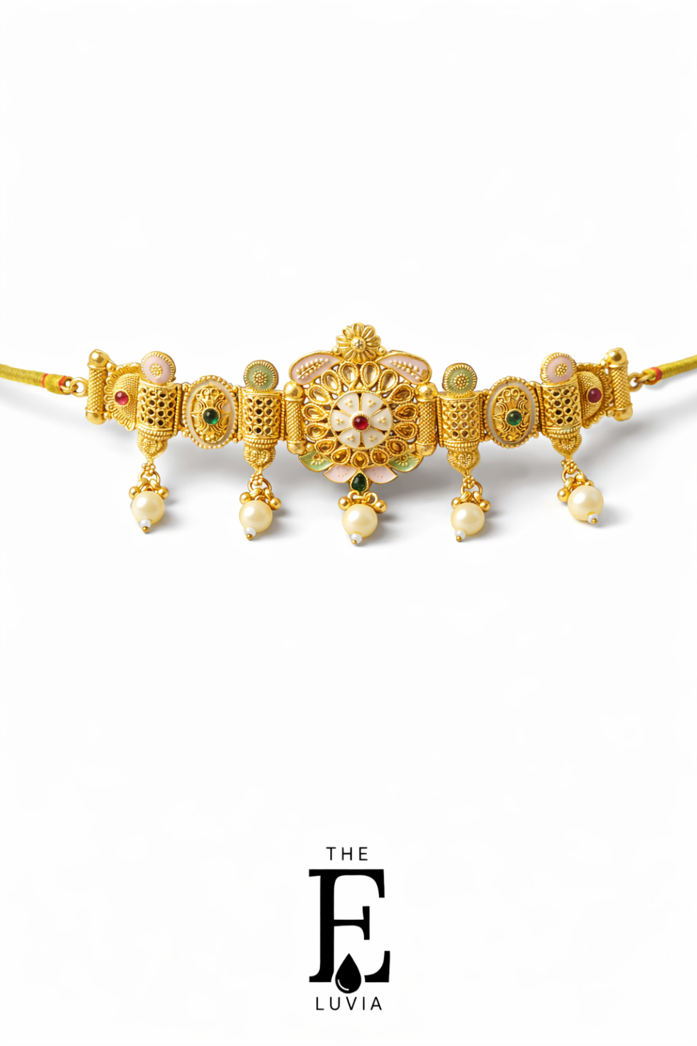 Luxury traditional gold choker necklace with intricate temple design, pearls hanging, colorful stones, highly detailed craftsmanship