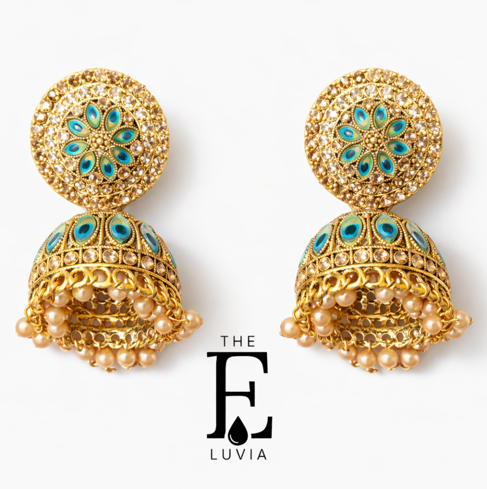 Luxury traditional jhumka earrings, gold intricate design with turquoise blue and green stones and pearl drops