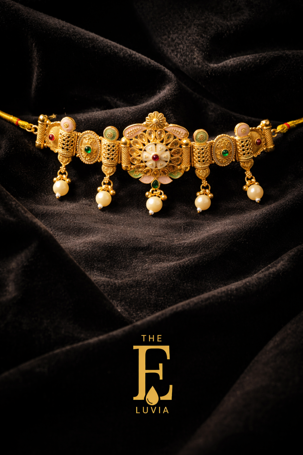 Royal gold choker necklace with pearl drops and intricate Indian design, placed on rich black velvet fabric, dramatic lighting, high contrast